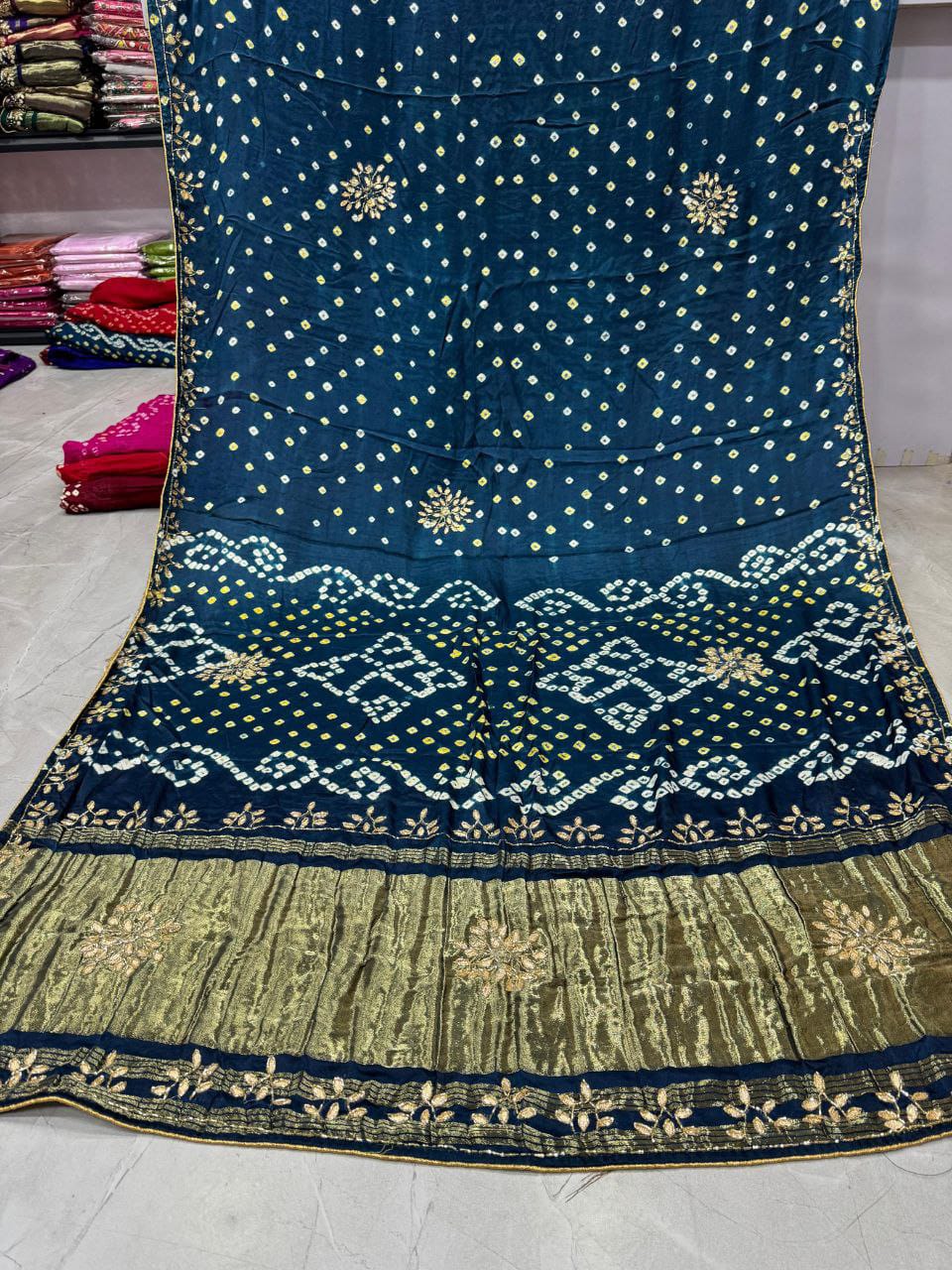 Peacock Pure Gaji Silk Bandhani With Gota Pati Lagdi Patta Bandhani Saree