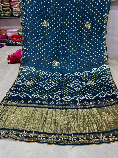 Peacock Pure Gaji Silk Bandhani With Gota Pati Lagdi Patta Bandhani Saree