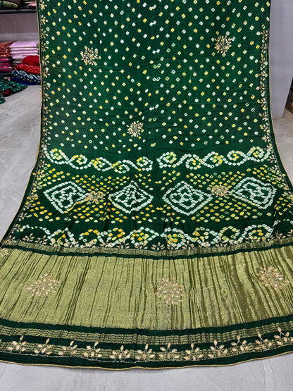 Green Pure Gaji Silk Bandhani With Gota Pati Lagdi Patta Bandhani Saree