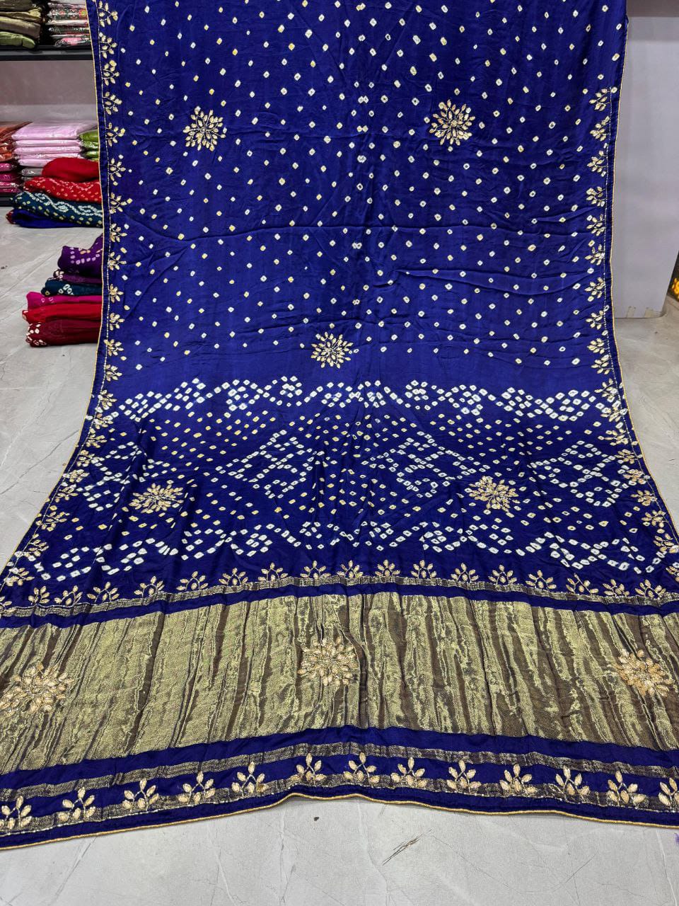 Blue Pure Gaji Silk Bandhani With Gota Pati Lagdi Patta Bandhani Saree