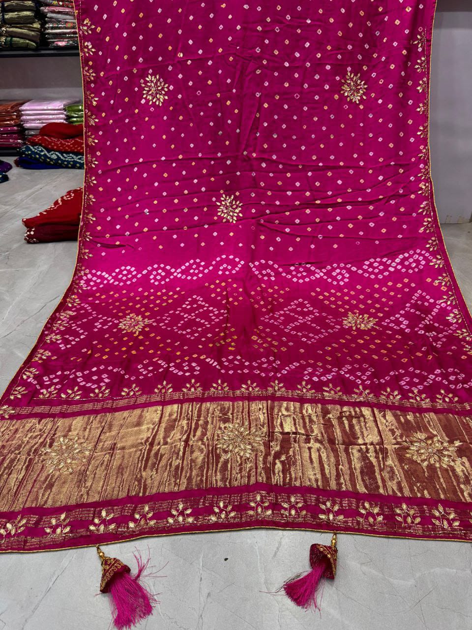 Pink Pure Gaji Silk Bandhani With Gota Pati Lagdi Patta Bandhani Saree