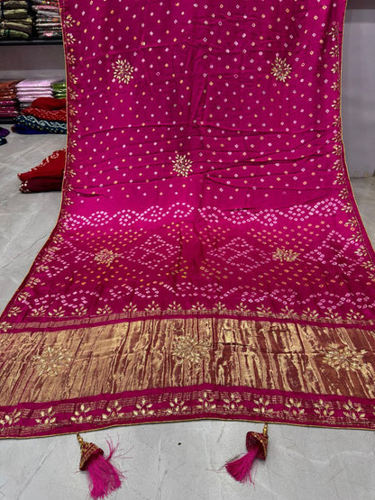 Pink Pure Gaji Silk Bandhani With Gota Pati Lagdi Patta Bandhani Saree