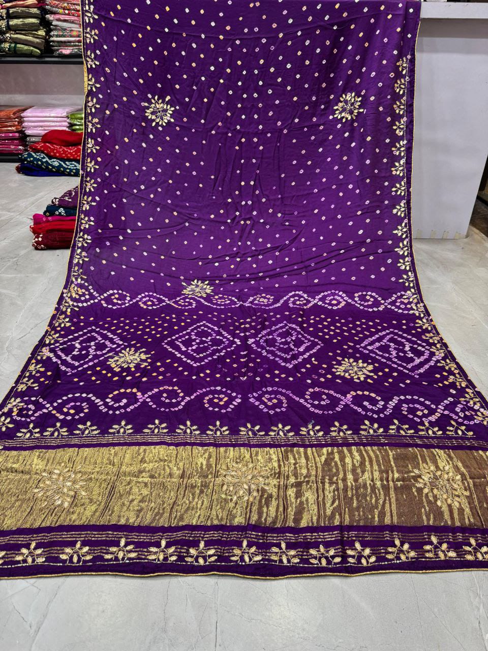 Purple Pure Gaji Silk Bandhani With Gota Pati Lagdi Patta Bandhani Saree