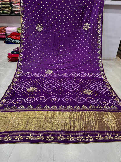 Purple Pure Gaji Silk Bandhani With Gota Pati Lagdi Patta Bandhani Saree