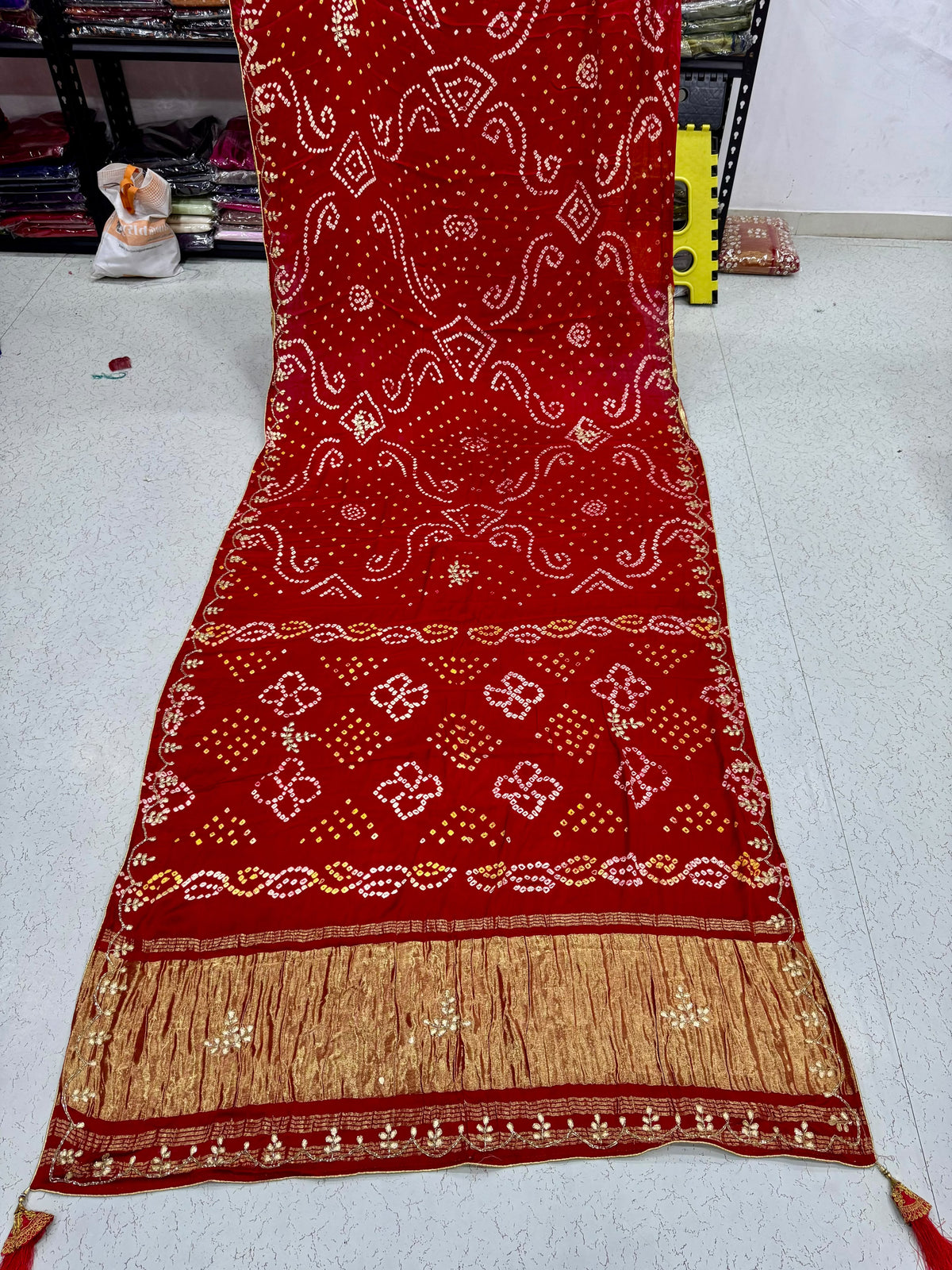 Red Pure Gaji Silk Bandhani With Gota Pati Lagdi Patta Bandhani Saree
