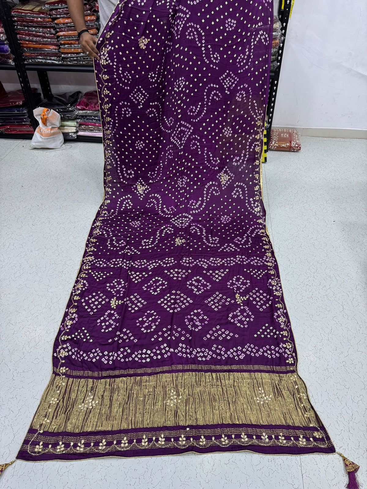 Purple Pure Gaji Silk Bandhani With Gota Pati Lagdi Patta Bandhani Saree