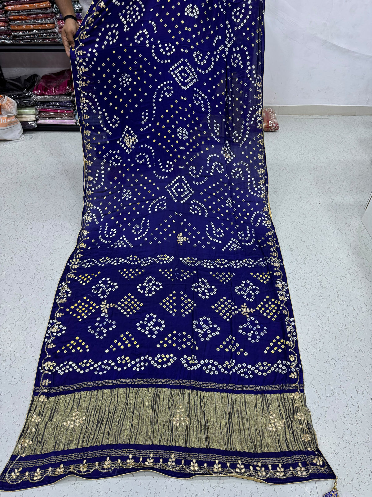 Blue Pure Gaji Silk Bandhani With Gota Pati Lagdi Patta Bandhani Saree