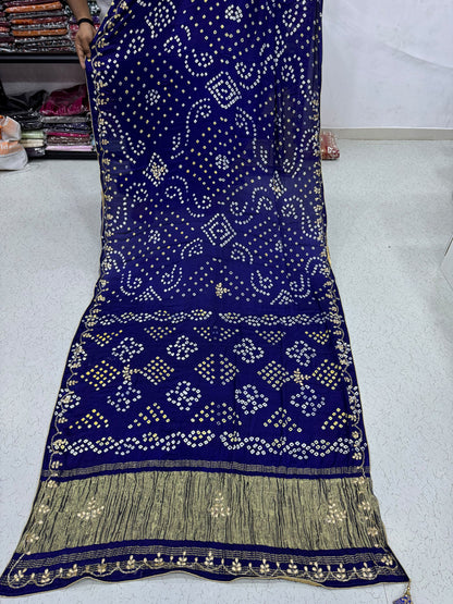 Blue Pure Gaji Silk Bandhani With Gota Pati Lagdi Patta Bandhani Saree