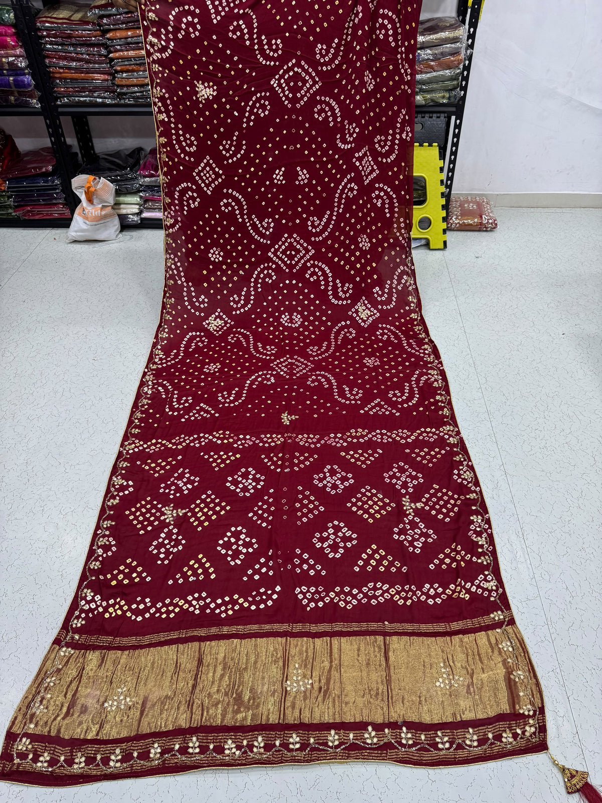 Maroon Pure Gaji Silk Bandhani With Gota Pati Lagdi Patta Bandhani Saree