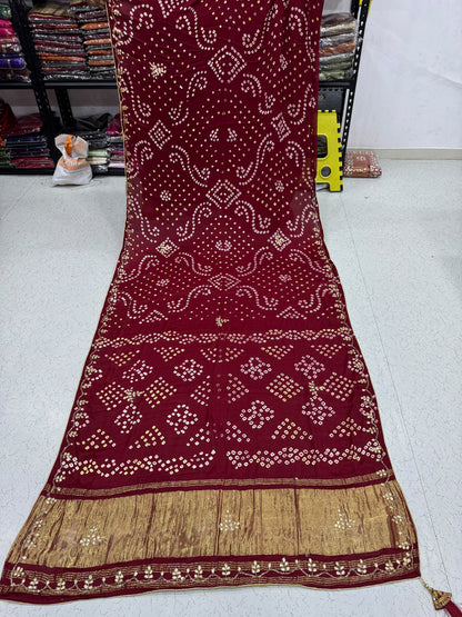 Maroon Pure Gaji Silk Bandhani With Gota Pati Lagdi Patta Bandhani Saree