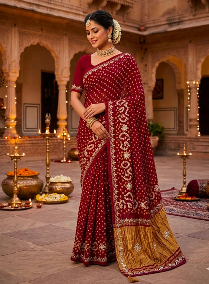 Maroon Pure Gaji Silk Bandhani With Gota Pati Lagdi Patta Bandhani Saree