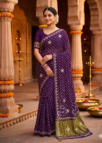Purple Pure Gaji Silk Bandhani With Gota Pati Lagdi Patta Bandhani Saree