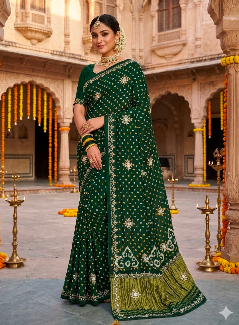 Green Pure Gaji Silk Bandhani With Gota Pati Lagdi Patta Bandhani Saree