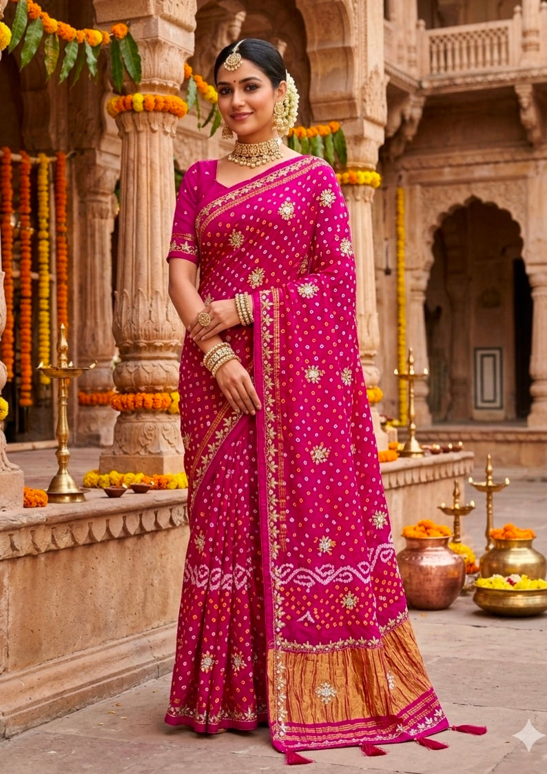 Pink Pure Gaji Silk Bandhani With Gota Pati Lagdi Patta Bandhani Saree