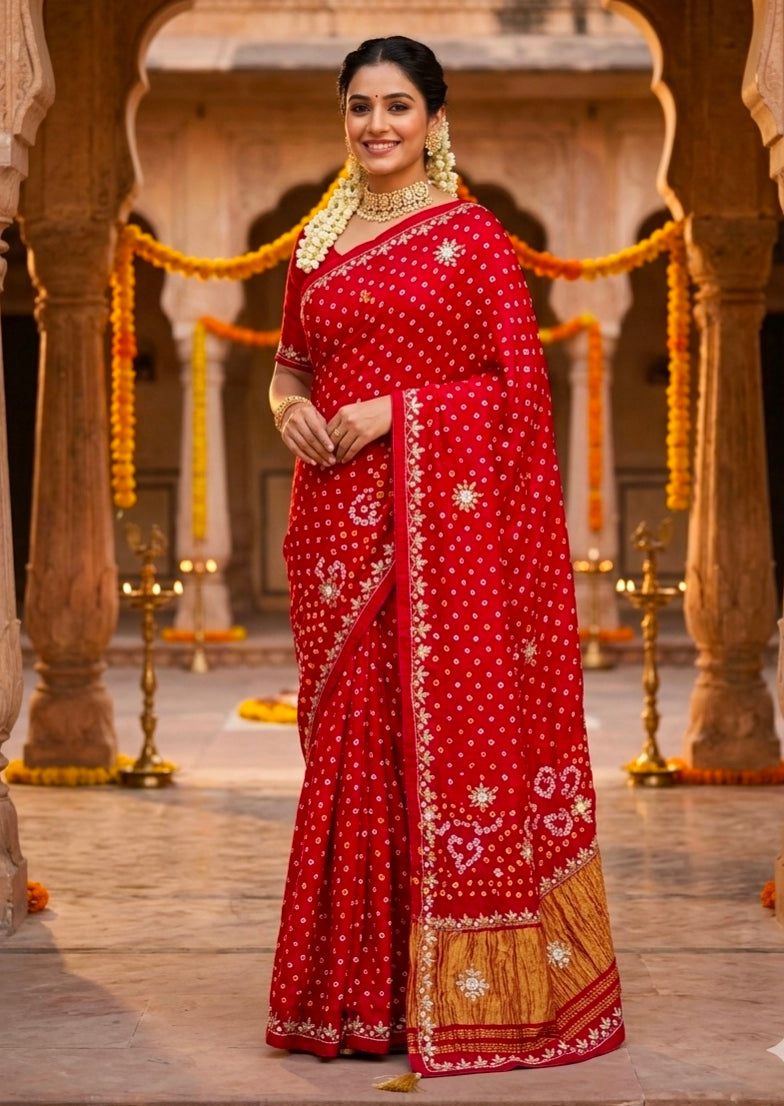 Red Pure Gaji Silk Bandhani With Gota Pati Lagdi Patta Bandhani Saree