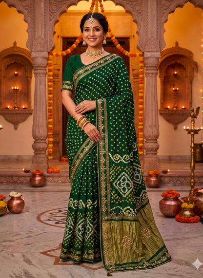 Green Pure Gaji Silk Bandhani With Gota Pati Lagdi Patta Bandhani Saree