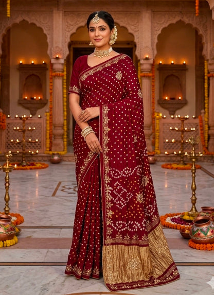 Maroon Pure Gaji Silk Bandhani With Gota Pati Lagdi Patta Bandhani Saree