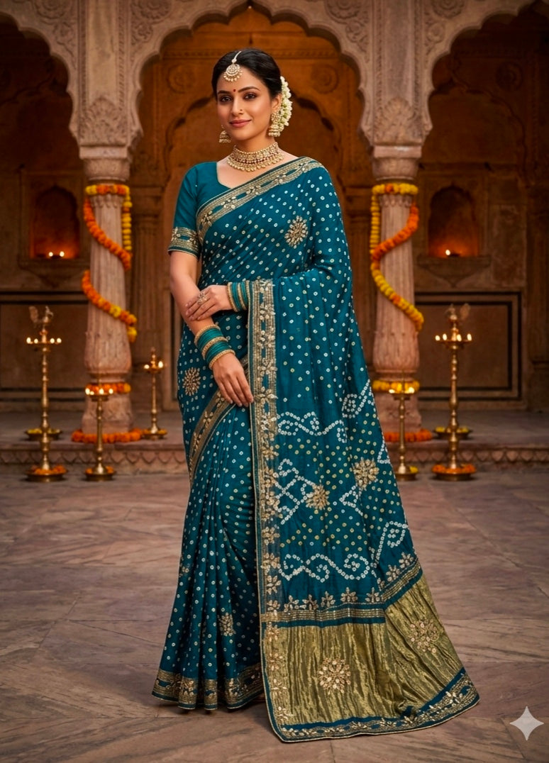 Peacock Pure Gaji Silk Bandhani With Gota Pati Lagdi Patta Bandhani Saree