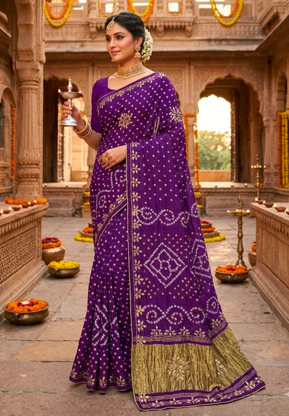 Purple Pure Gaji Silk Bandhani With Gota Pati Lagdi Patta Bandhani Saree