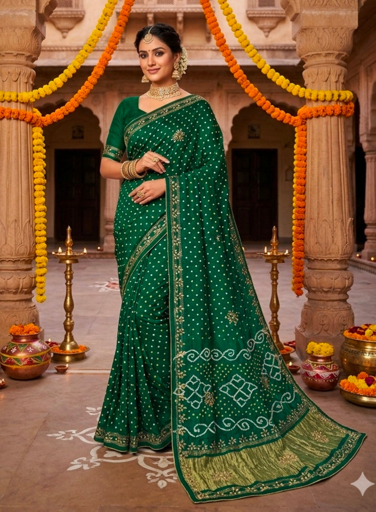 Green Pure Gaji Silk Bandhani With Gota Pati Lagdi Patta Bandhani Saree
