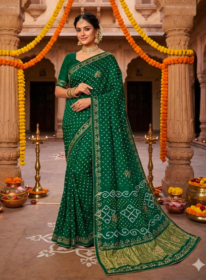 Green Pure Gaji Silk Bandhani With Gota Pati Lagdi Patta Bandhani Saree