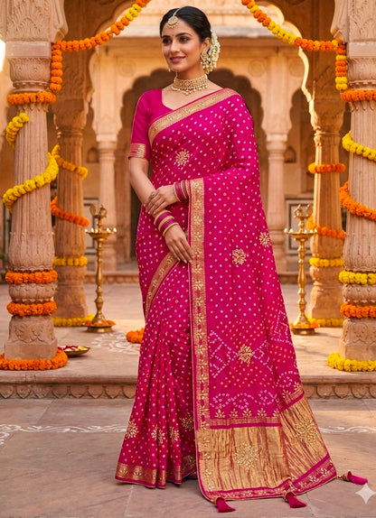 Pink Pure Gaji Silk Bandhani With Gota Pati Lagdi Patta Bandhani Saree