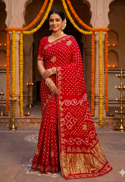 Red Pure Gaji Silk Bandhani With Gota Pati Lagdi Patta Bandhani Saree