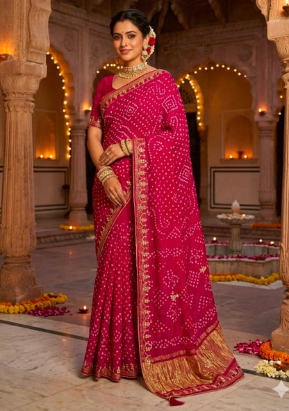 Pink Pure Gaji Silk Bandhani With Gota Pati Lagdi Patta Bandhani Saree