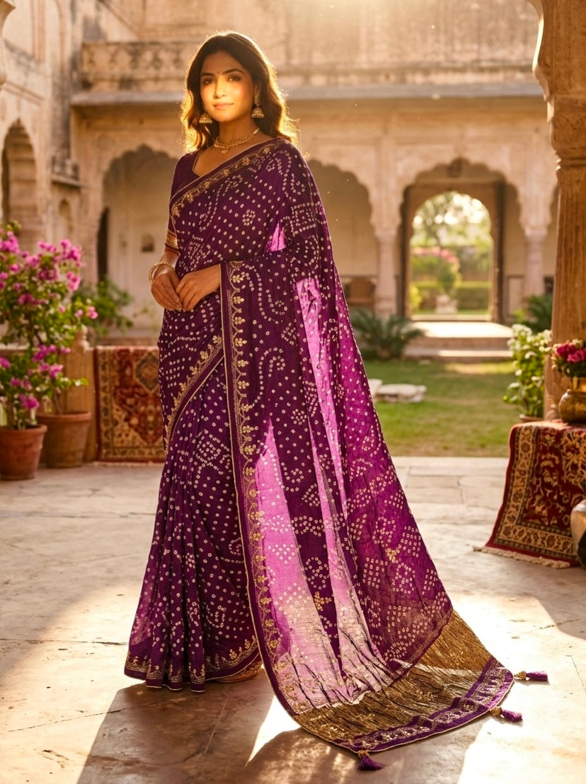 Purple Pure Gaji Silk Bandhani With Gota Pati Lagdi Patta Bandhani Saree