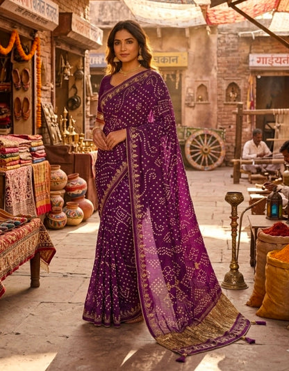 Purple Pure Gaji Silk Bandhani With Gota Pati Lagdi Patta Bandhani Saree