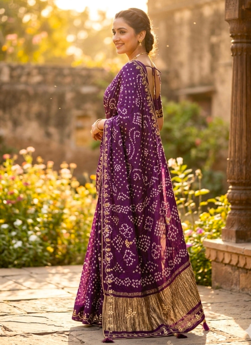 Purple Pure Gaji Silk Bandhani With Gota Pati Lagdi Patta Bandhani Saree