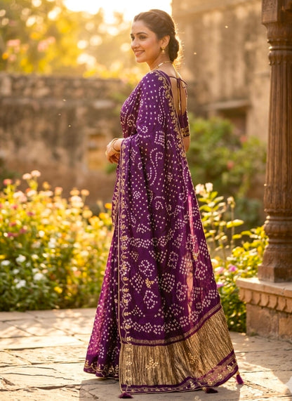 Purple Pure Gaji Silk Bandhani With Gota Pati Lagdi Patta Bandhani Saree