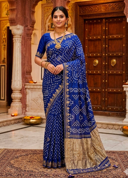 Blue Pure Gaji Silk Bandhani With Gota Pati Lagdi Patta Bandhani Saree