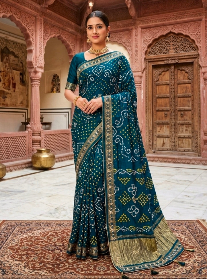 Teal Pure Gaji Silk Bandhani With Gota Pati Lagdi Patta Bandhani Saree