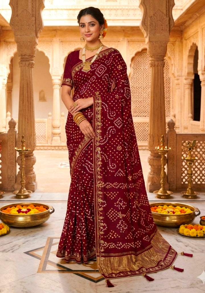 Maroon Pure Gaji Silk Bandhani With Gota Pati Lagdi Patta Bandhani Saree