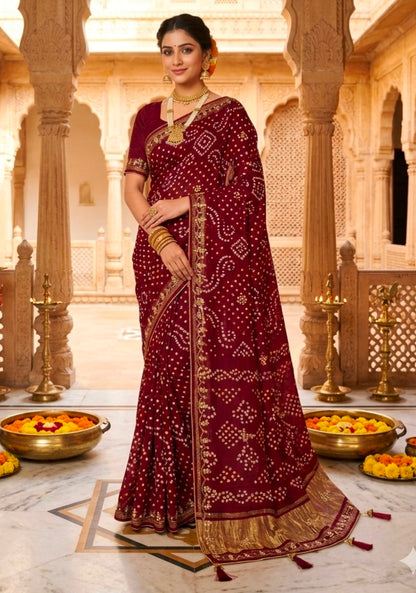 Maroon Pure Gaji Silk Bandhani With Gota Pati Lagdi Patta Bandhani Saree