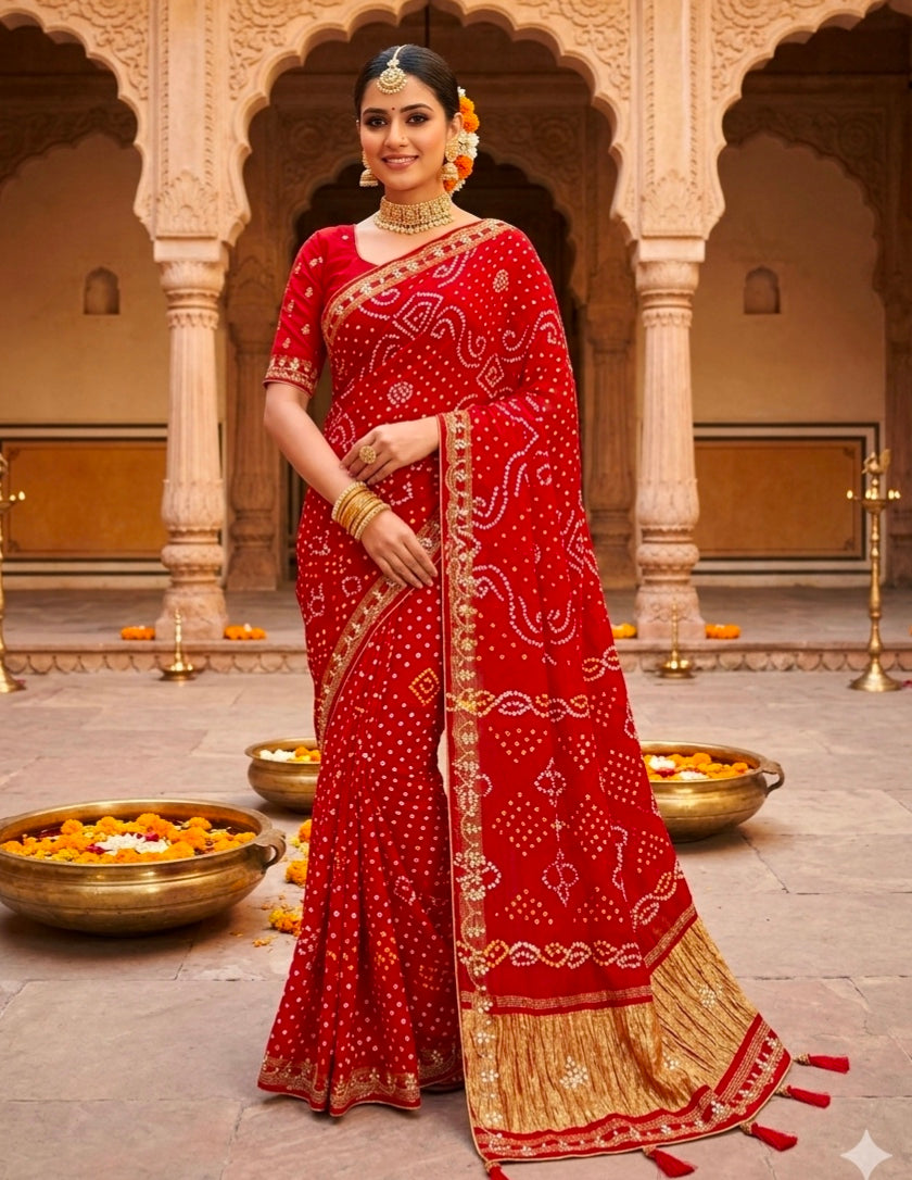 Red Pure Gaji Silk Bandhani With Gota Pati Lagdi Patta Bandhani Saree