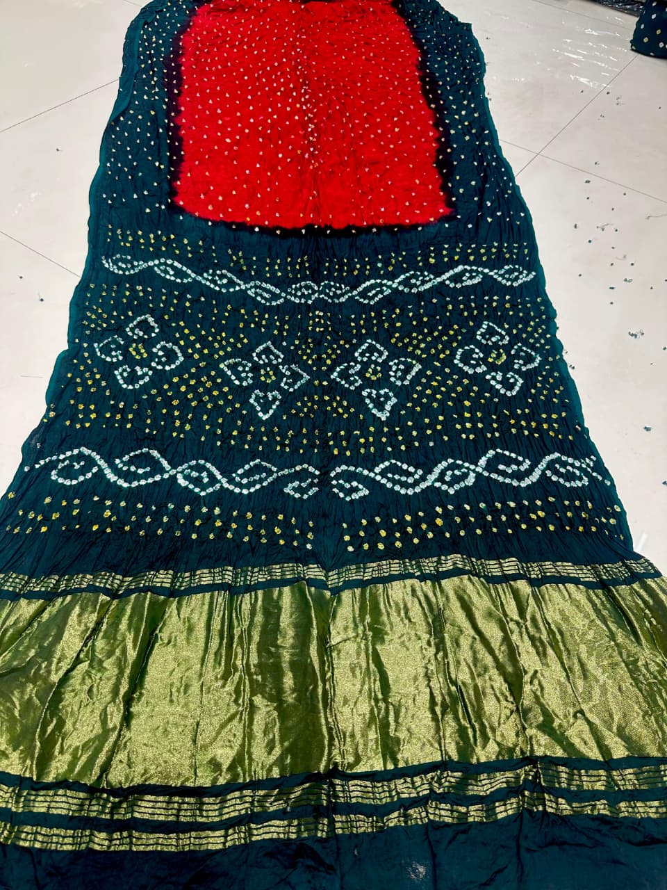 Green Pure Gaji Silk Bandhani With Gota Pati Lagdi Patta Bandhani Saree