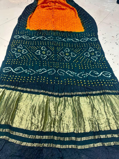Green Pure Gaji Silk Bandhani With Gota Pati Lagdi Patta Bandhani Saree