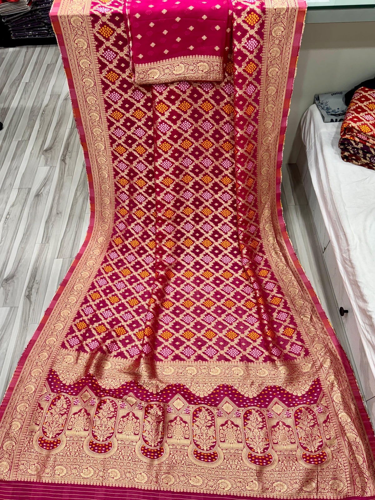 Magenta Pure Khadi Georgatte Weaving Bandhani Saree