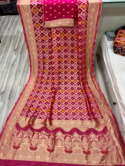 Magenta Pure Khadi Georgatte Weaving Bandhani Saree