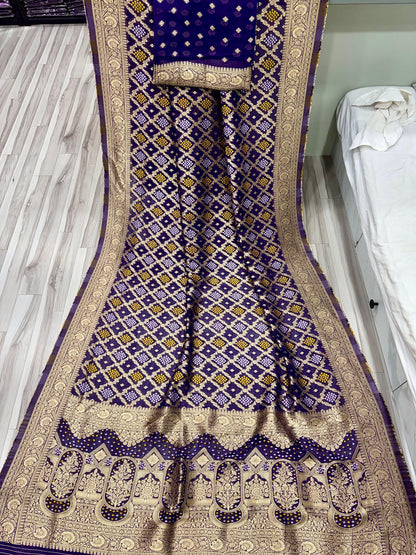 Purple Pure Khadi Georgatte Weaving Bandhani Saree