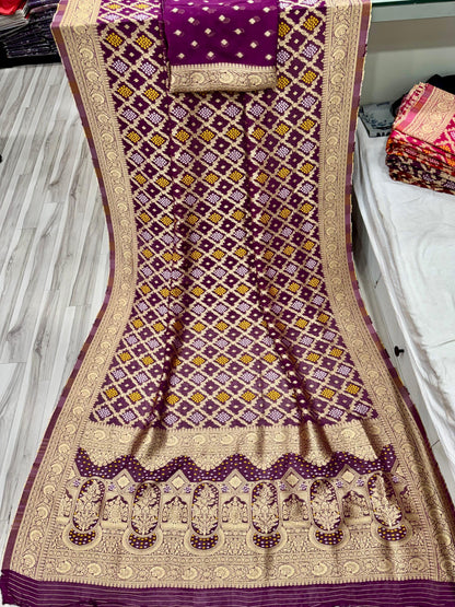 Purple Pure Khadi Georgatte Weaving Bandhani Saree