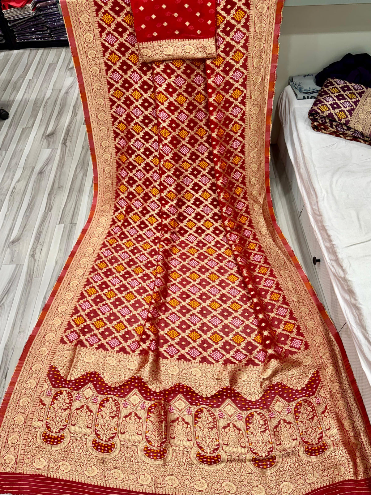 Red Pure Khadi Georgatte Weaving Bandhani Saree