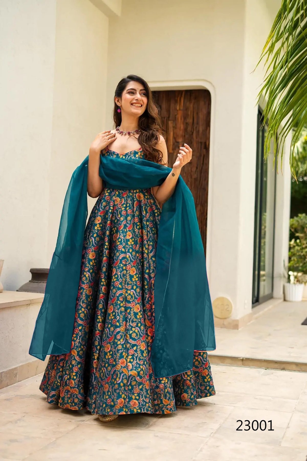 Teal Blue Pure Heavy Soft Silk Digital Printed Anarkali Gown