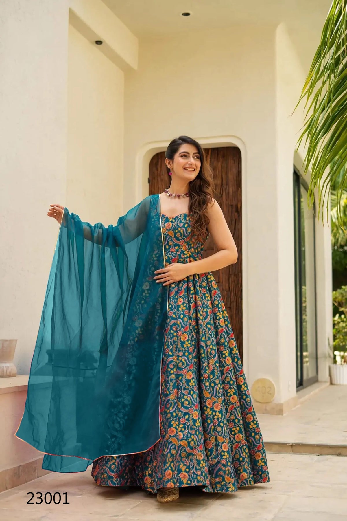 Teal Blue Pure Heavy Soft Silk Digital Printed Anarkali Gown