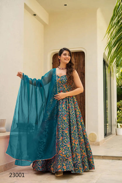 Teal Blue Pure Heavy Soft Silk Digital Printed Anarkali Gown