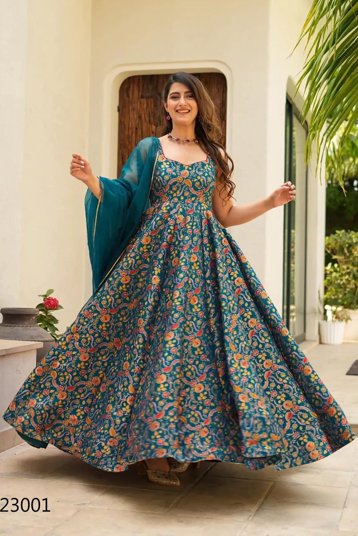 Teal Blue Pure Heavy Soft Silk Digital Printed Anarkali Gown