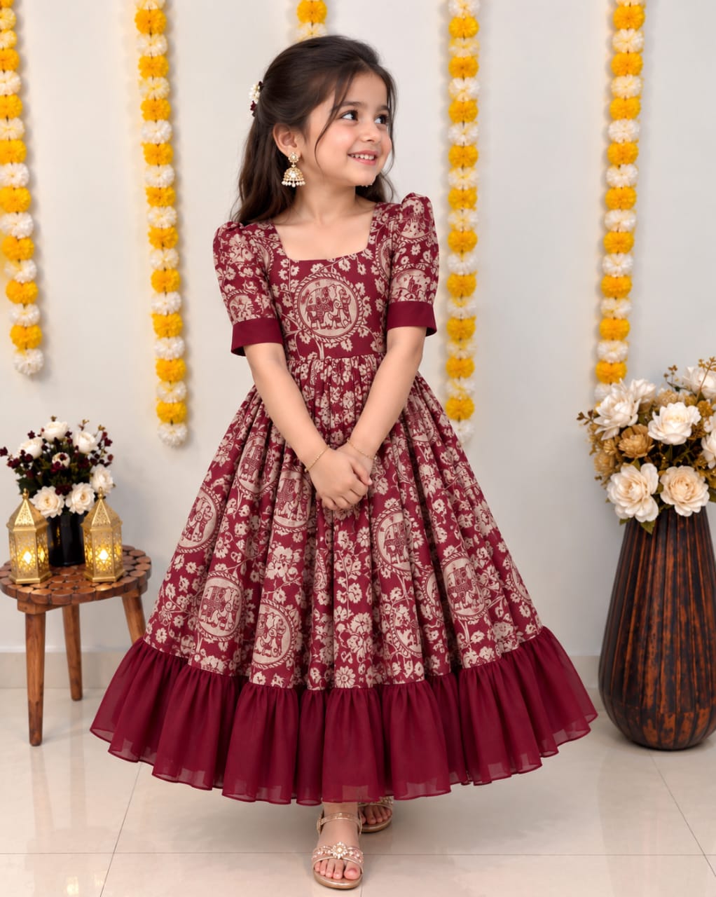 Red Pure Soft Silk Kalamkari Digital Print kid&