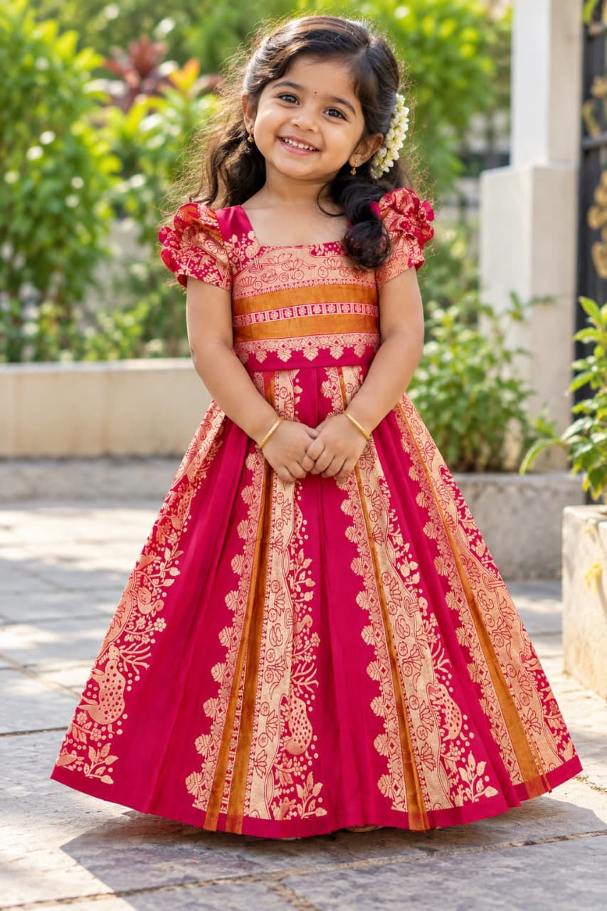Red Pure Paithani Silk Kalamkari &amp; Peacock Weaving  kid&